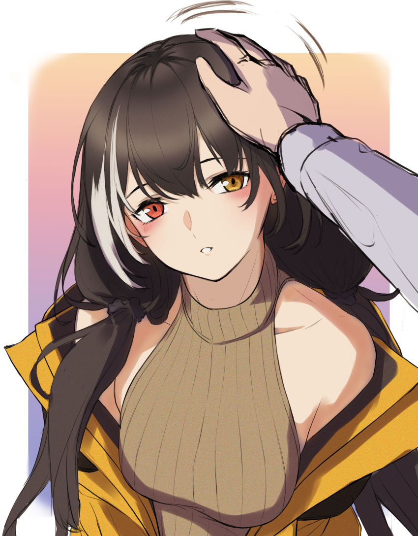 1girl 3_small_spiders :o absurdres bangs bare_shoulders black_hair blush breasts brown_sweater_vest collarbone eyebrows_visible_through_hair girls_frontline hand_on_own_head heterochromia highres jacket long_hair looking_at_viewer low_twintails medium_breasts multicolored_hair open_clothes open_jacket open_mouth red_eyes ro635_(girls'_frontline) simple_background solo twintails upper_body yellow_eyes yellow_jacket