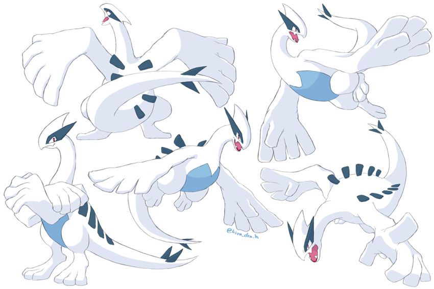 black_eyes commentary_request kira_(kira_dra) looking_back lugia multiple_views no_humans open_mouth pokemon pokemon_(creature) simple_background toes tongue white_background
