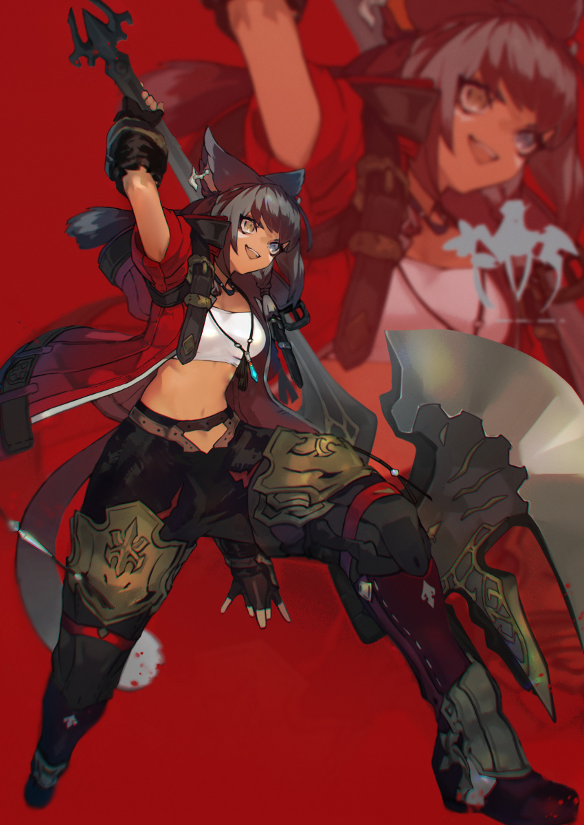 1girl absurdres animal_ears arm_up armor avatar_(ffxiv) axe black_gloves black_hair blue_eyes blurry blurry_background brown_eyes cat_ears cat_tail commission earrings facial_hair final_fantasy final_fantasy_xiv fingerless_gloves glint gloves heterochromia highres holding holding_axe holding_weapon hood hood_down hooded_jacket huge_weapon jacket jewelry long_hair miqo'te navel necklace open_clothes open_jacket over_shoulder red_background red_theme shiba_(s_hi_ba_) skeb_commission sleeves_rolled_up smile solo tail teeth upper_teeth warrior_(final_fantasy) weapon weapon_over_shoulder zoom_layer