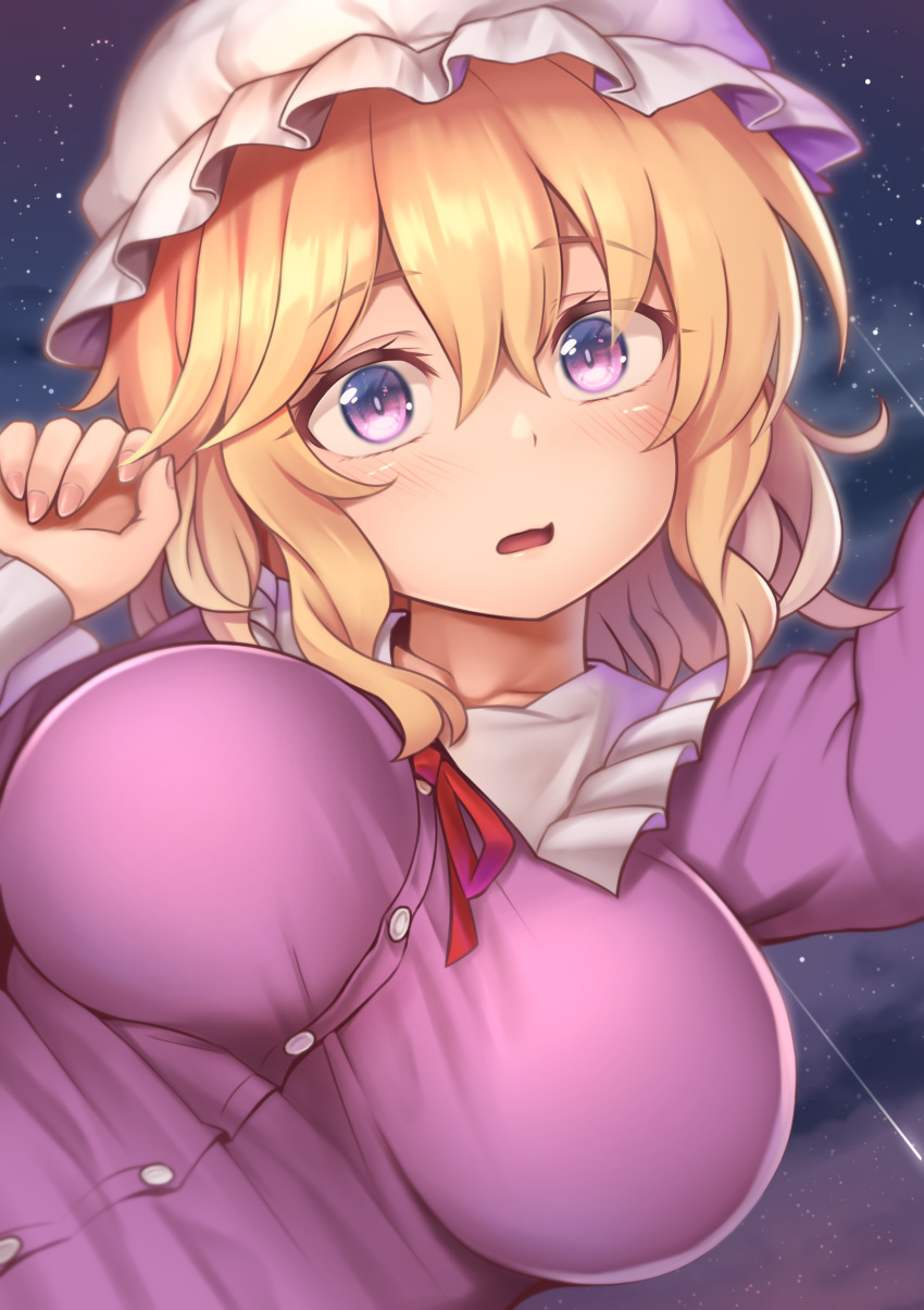 1girl arm_up bangs blonde_hair blush bow bowtie breasts buttons collar collared_dress dress eyebrows_visible_through_hair eyes_visible_through_hair hair_between_eyes hands_up hat highres large_breasts long_sleeves looking_at_viewer maribel_hearn mob_cap night night_sky open_mouth purple_dress red_bow red_neckwear shiratsuki_shiori short_hair sky solo star_(sky) starry_sky touhou violet_eyes white_headwear