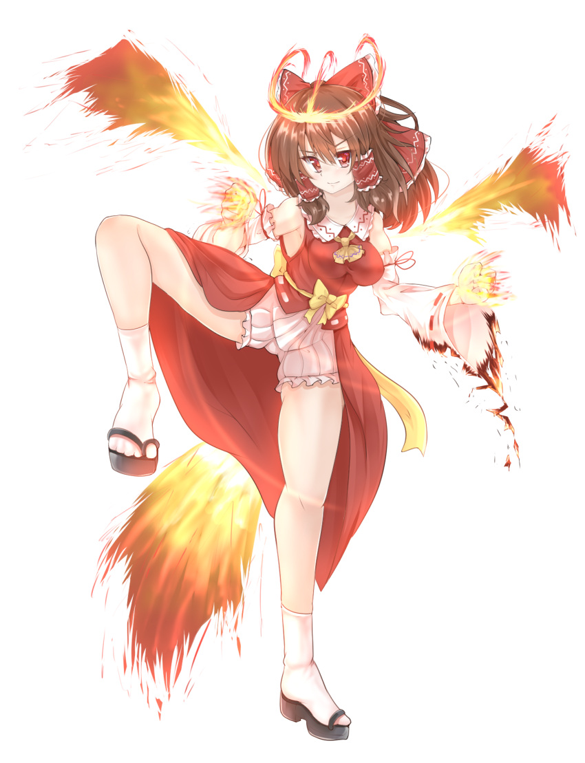 1girl ascot bangs bloomers bow breasts brown_hair clenched_hand closed_mouth commentary_request cookie_(touhou) detached_sleeves fiery_tail fiery_wings fighting_stance fire frilled_bow frilled_hair_tubes frills full_body hair_between_eyes hair_bow hair_tubes hakurei_reimu highres hyper_muteki_(artist) kanna_(cookie) leg_up looking_at_viewer medium_breasts medium_hair red_bow red_eyes red_shirt red_skirt ribbon-trimmed_sleeves ribbon_trim shirt simple_background skirt sleeveless sleeveless_shirt smile solo tail touhou transparent_background underwear white_sleeves wings yellow_ascot yellow_bow