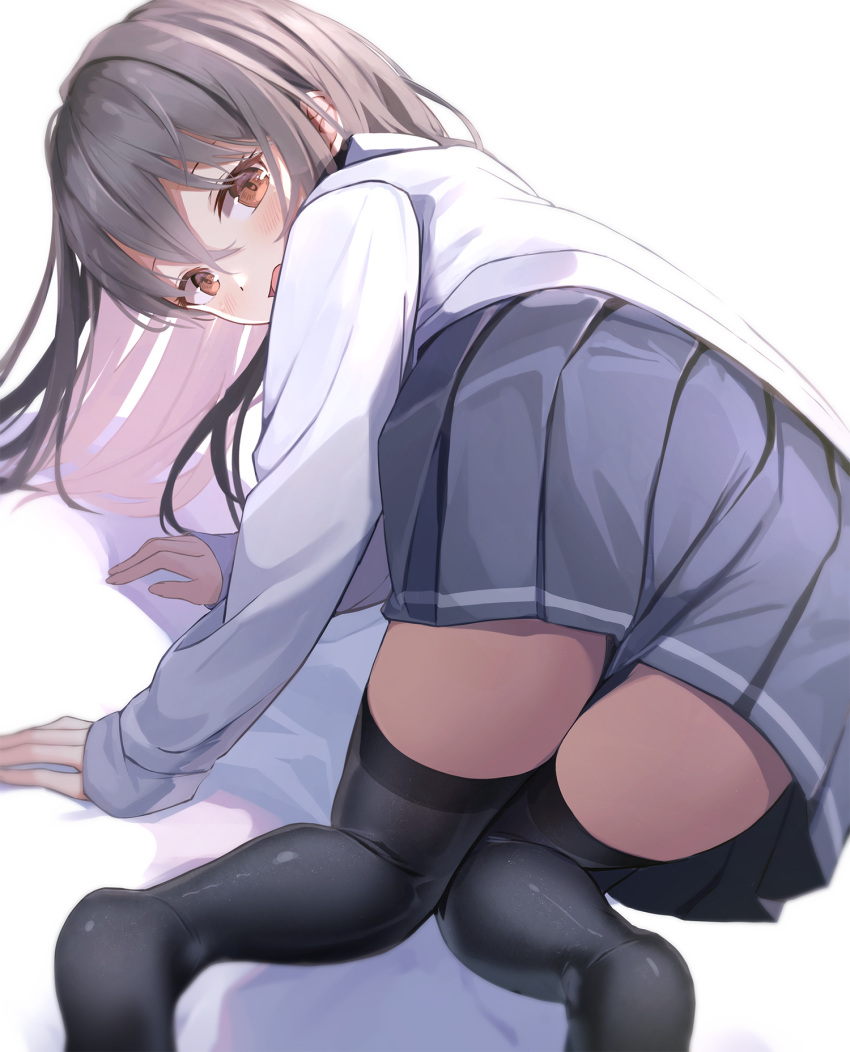 1girl all_fours ass bangs black_legwear black_skirt blush brown_eyes brown_hair collared_shirt commentary english_commentary eyebrows_behind_hair hair_between_eyes highres long_sleeves looking_at_viewer looking_back multicolored_hair no_shoes original pleated_skirt seero shirt skirt sleeves_past_wrists soles solo thigh-highs two-tone_hair white_background white_shirt