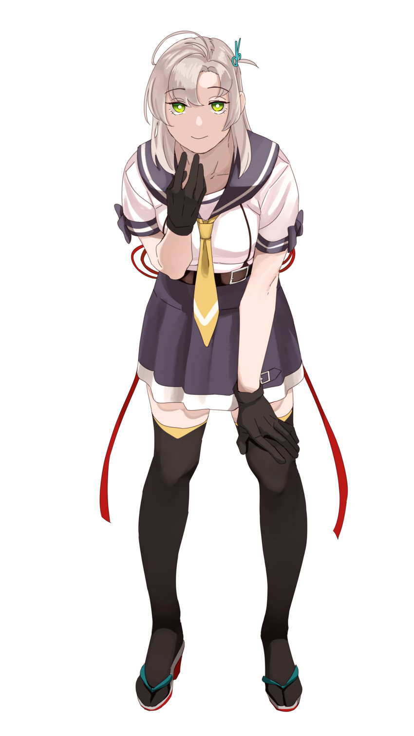 1girl absurdres ahoge black_gloves breasts commentary_request full_body gloves green_eyes grey_hair hair_tie hand_on_own_knee highres kantai_collection kinugasa_(kancolle) large_breasts looking_at_viewer necktie ojipon one_side_up remodel_(kantai_collection) sailor_collar school_uniform serafuku simple_background skirt smile solo thigh-highs tsurime white_background yellow_neckwear