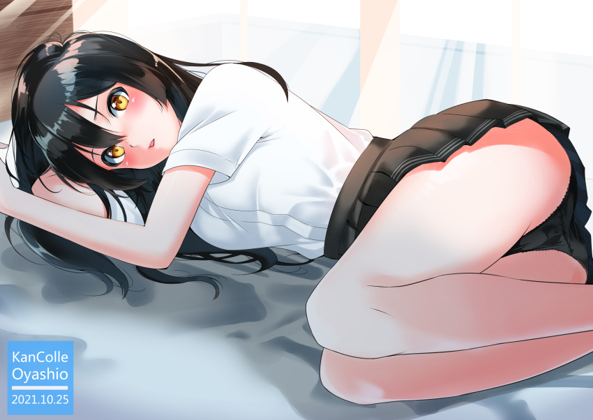 1girl absurdres black_hair black_panties black_skirt blush commentary_request dated dress_shirt english_text eyebrows_visible_through_hair highres kantai_collection logical long_hair lying morning on_bed open_mouth oyashio_(kancolle) panties pleated_skirt shirt skirt solo sunlight underwear white_shirt yellow_eyes