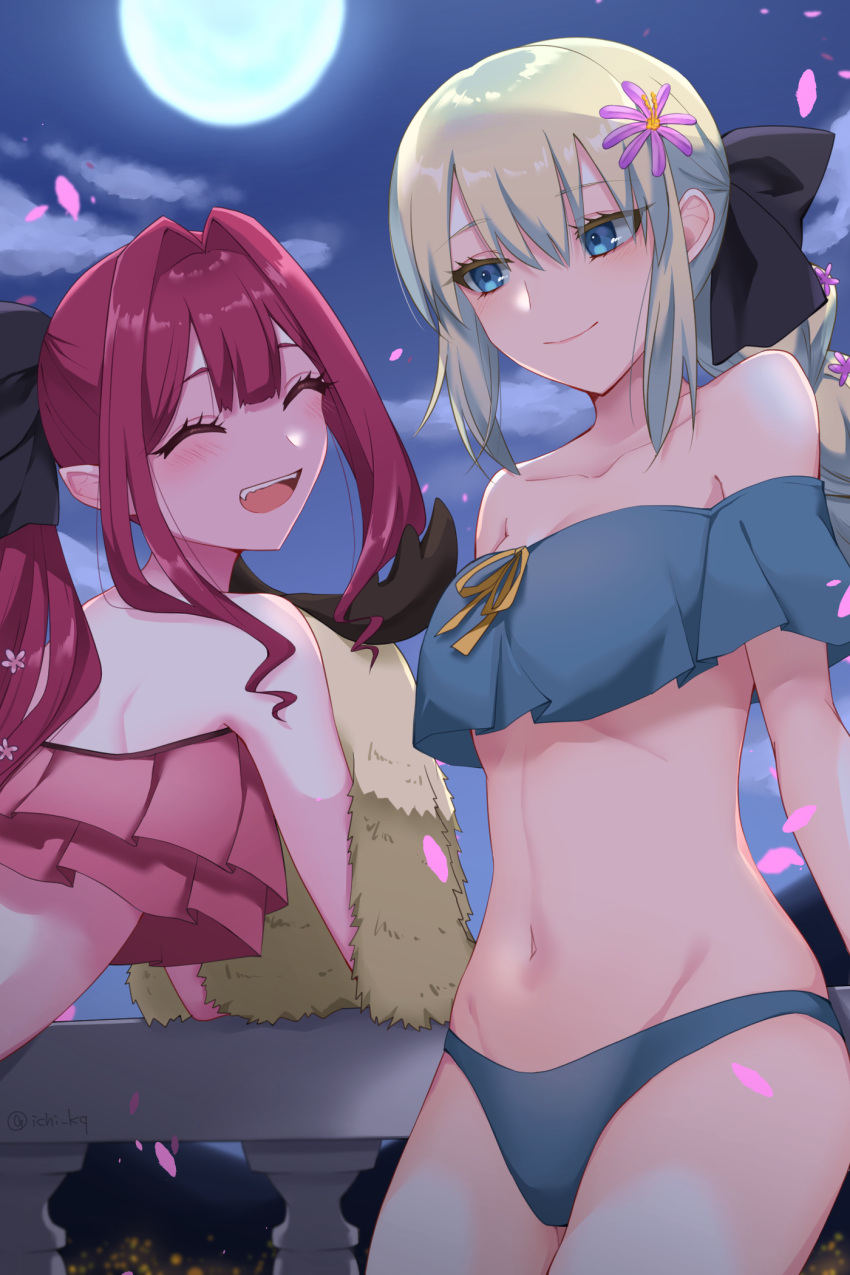 2girls bangs bikini blue_eyes blush braid breasts fairy_knight_tristan_(fate) fate/grand_order fate_(series) french_braid grey_eyes grey_hair highres ichi_kq large_breasts long_hair looking_at_viewer medium_breasts morgan_le_fay_(fate) multiple_girls off-shoulder_bikini off_shoulder pink_hair pointy_ears ponytail sidelocks smile swimsuit thighs very_long_hair