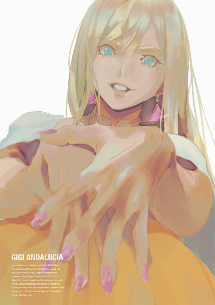 1girl bangs blue_eyes capelet character_name earrings english_text eyebrows_visible_through_hair gigi_andalusia gundam gundam_hathaway's_flash highres jewelry own_hands_together pink_nails portrait pumpkin ryukusou smile solo triangle_earrings white_background white_capelet