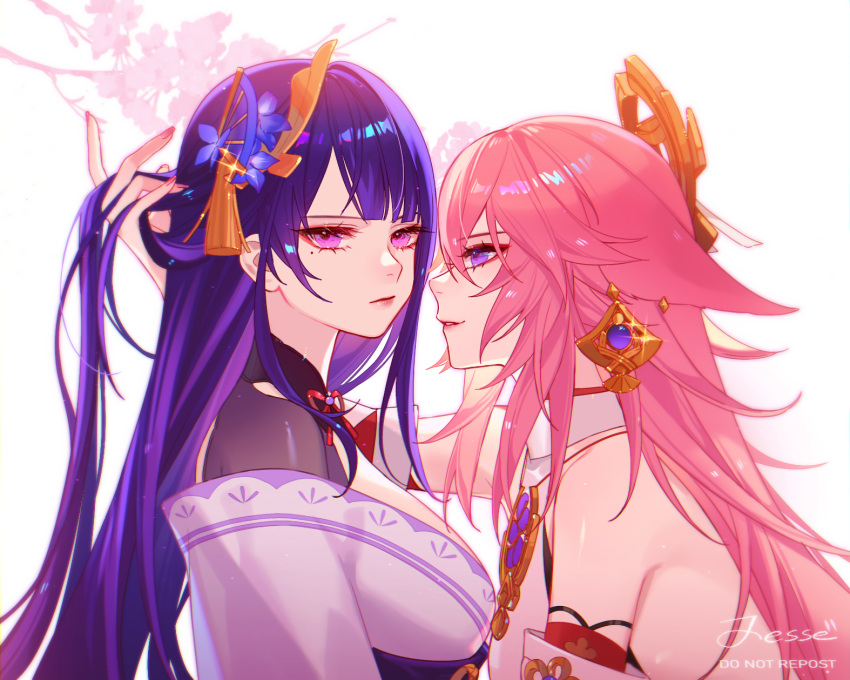 2girls animal_ears artist_name bangs bare_shoulders branch closed_mouth commentary detached_sleeves english_commentary fox_ears from_side genshin_impact hand_in_another's_hair highres japanese_clothes jesse_(pixiv34586727) kimono lips long_hair looking_at_another looking_at_viewer mole mole_under_eye multiple_girls parted_lips pink_eyes pink_hair pink_nails purple_hair purple_kimono raiden_shogun shirt simple_background sleeveless sleeveless_shirt upper_body violet_eyes vision_(genshin_impact) white_background white_shirt yae_(genshin_impact) yuri