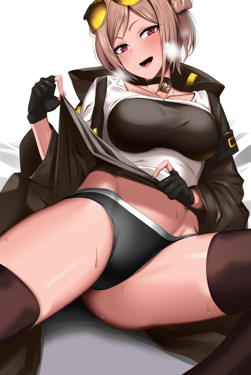 1girl absurdres breasts choker collarbone commission doko_tetora double_bun girls_frontline heavy_breathing highres large_breasts lifted_by_self light_brown_hair p90_(girls'_frontline) pink_eyes skeb_commission solo sweat