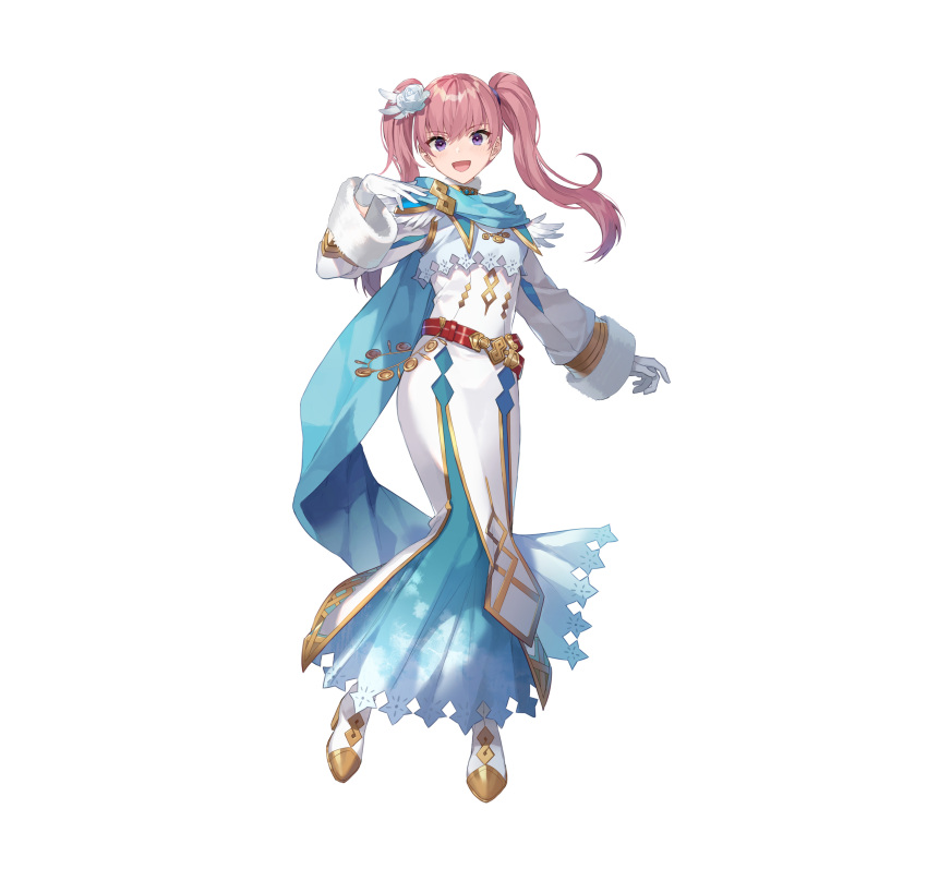 1girl absurdres alternate_costume bangs belt blush commentary_request detached_sleeves dress eihi eyebrows_visible_through_hair feather_trim fire_emblem fire_emblem:_the_blazing_blade fire_emblem_heroes full_body fur_trim gloves gold_trim gradient gradient_clothes hair_ornament hand_up highres long_dress long_hair long_sleeves looking_at_viewer official_art open_mouth pink_hair scarf serra_(fire_emblem) shiny shiny_hair simple_background smile solo tied_hair twintails violet_eyes white_background white_gloves