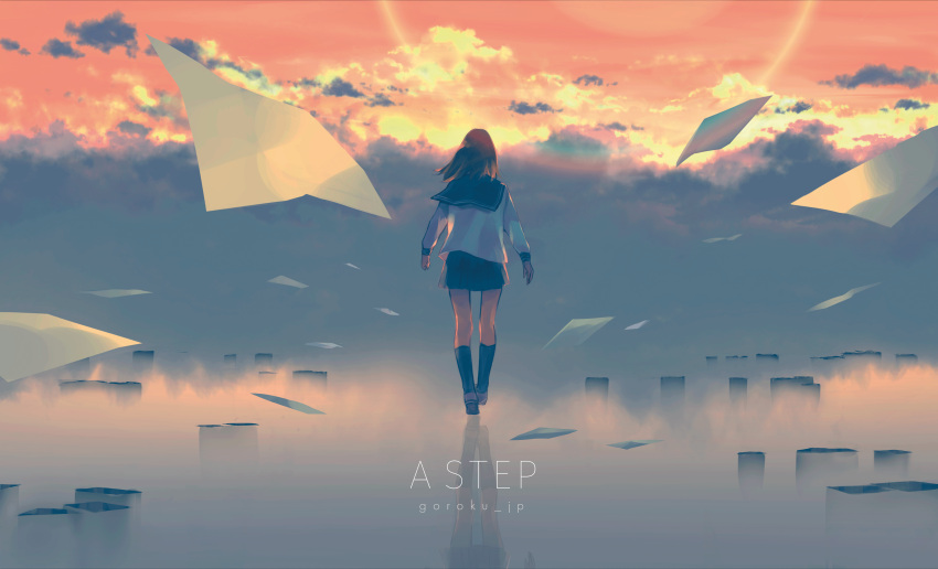 1girl absurdres black_hair clouds fog goroku highres medium_hair original papers pleated_skirt scenery school_uniform serafuku skirt sky straight_hair walking