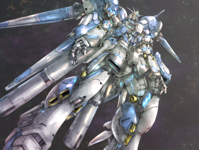 char's_counterattack char's_counterattack_-_beltorchika's_children commentary_request fin_funnels from_below funnels gundam hi-nu_gundam highres mecha mobile_suit mobuseibihei no_humans open_hands science_fiction solo space star_(sky) v-fin yellow_eyes