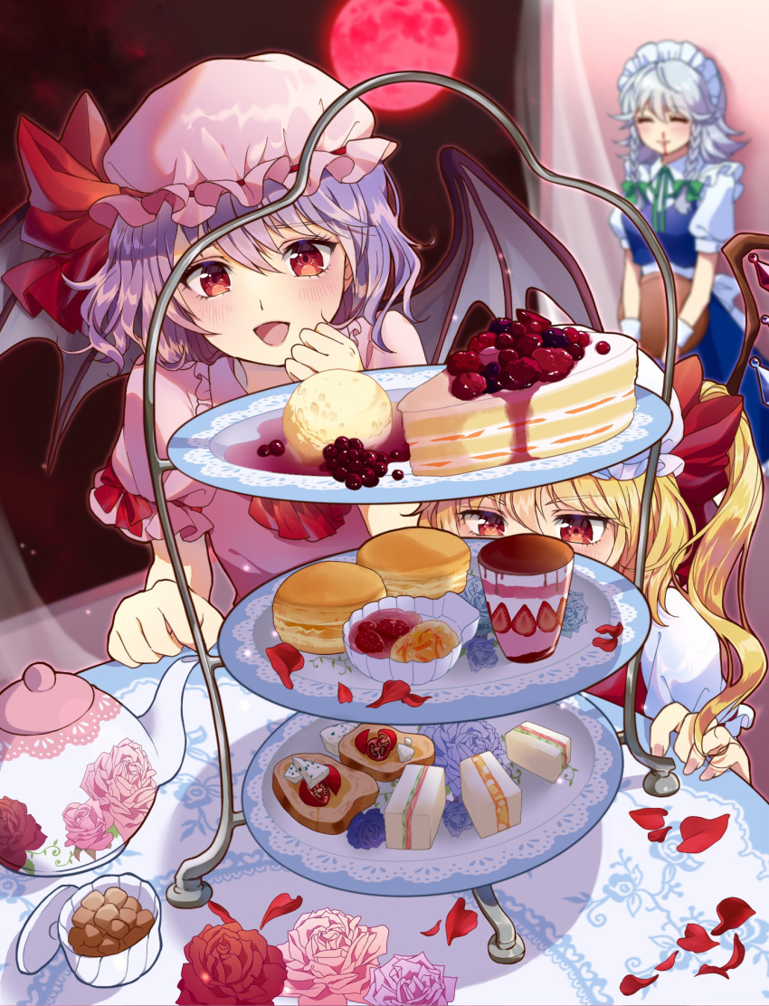 3girls ascot bangs bat_wings blonde_hair blood blush braid breasts cake closed_eyes commentary_request crystal cup dress fingernails flandre_scarlet floral_print flower food green_neckwear green_ribbon hair_ribbon hat hat_ribbon highres ice_cream izayoi_sakuya looking_at_viewer macaron maid maid_headdress maruta_(shummylass) medium_breasts mob_cap moon multicolored_wings multiple_girls night night_sky nose_blush nosebleed open_mouth petals pink_dress plate pointy_ears puffy_short_sleeves puffy_sleeves red_eyes red_moon red_neckwear red_ribbon remilia_scarlet ribbon rose rose_petals saucer short_sleeves siblings side_ponytail silver_hair sisters sky standing table tablecloth teapot touhou tray tress_ribbon twin_braids violet_eyes wings wrist_cuffs