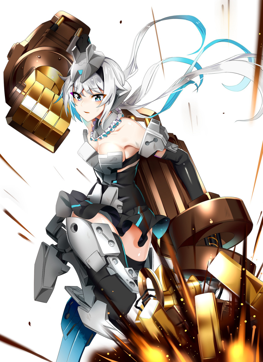 1girl architect_(frame_arms_girl) bare_shoulders black_gloves black_legwear black_leotard black_skirt blue_eyes blue_hair breasts colored_inner_hair doko_tetora elbow_gloves frame_arms_girl gloves grey_hair highres leotard medium_breasts multicolored_hair oversized_forearms oversized_limbs parted_lips punching skirt solo thigh-highs two-tone_hair white_background