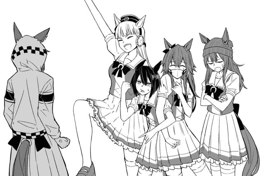 5girls anger_vein bangs beanie blunt_bangs bow bowtie collarbone commentary_request crossed_arms dictus_striker ear_bow ear_piercing ears_through_headwear eyebrows_visible_through_hair frilled_skirt frills gold_ship_(umamusume) greyscale hat headgear hood hooded_jacket horse_girl horse_tail horseshoe_ornament isarida jacket kin'iro_ryotei_(umamusume) loafers mask monochrome mouth_mask multiple_girls nakayama_festa_(umamusume) orfevre_(umamusume) piercing pillbox_hat pleated_skirt puffy_short_sleeves puffy_sleeves sailor_collar sailor_shirt school_uniform shirt shoes short_sleeves sketch skirt summer_uniform sweatdrop tail tail_through_clothes thigh-highs tracen_school_uniform umamusume umamusume:_cinderella_gray