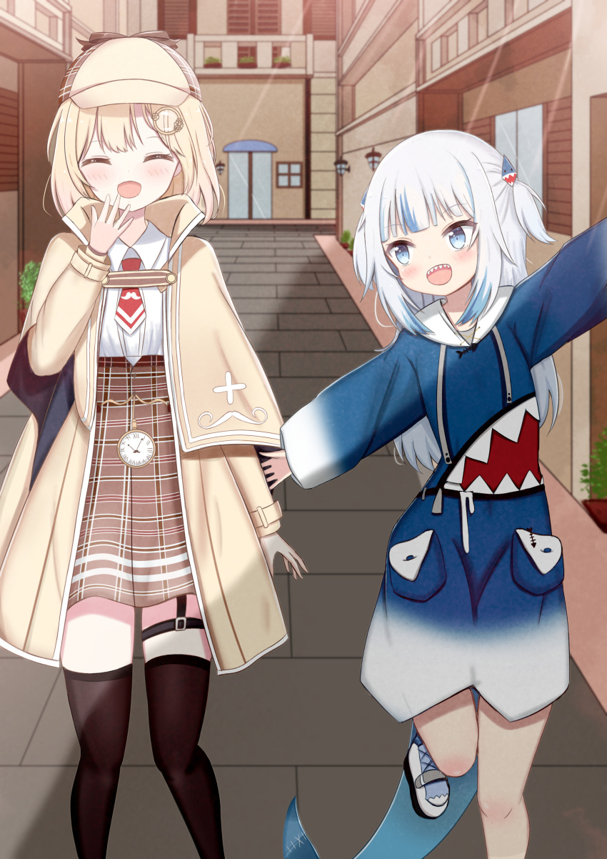 2girls :d ^_^ absurdres blonde_hair blue_eyes blue_hair blush brown_capelet brown_headwear brown_jacket brown_legwear brown_skirt building capelet closed_eyes collared_shirt commentary_request day deerstalker feet_out_of_frame fish_tail gawr_gura hair_ornament hat highres hololive hololive_english jacket jiu_(sdesd3205) long_sleeves multicolored_hair multiple_girls open_clothes open_jacket outdoors plaid plaid_skirt pocket_watch red_neckwear road roman_numeral shark_tail sharp_teeth shirt shoes skirt smile standing standing_on_one_leg streaked_hair street tail teeth thigh-highs two_side_up virtual_youtuber walking watch watson_amelia white_footwear white_hair white_shirt window