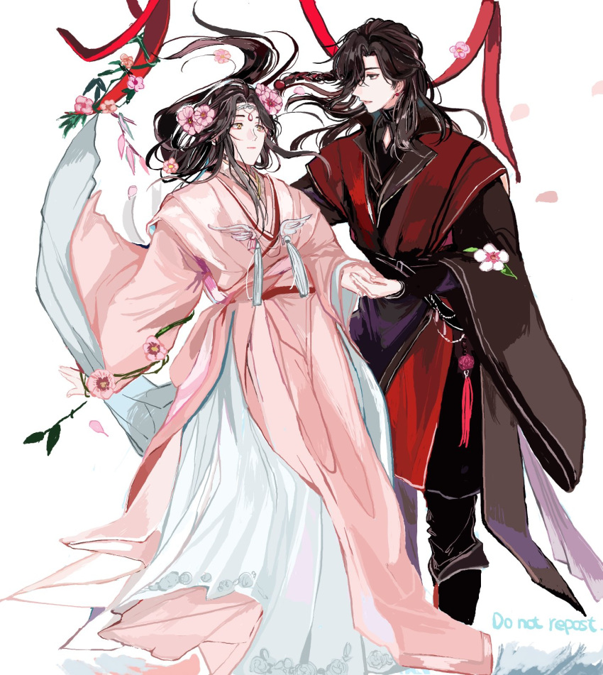 2boys black_hair chinese_clothes circlet couple eyepatch full_body highres hozuhakusai hua_cheng jewelry long_hair long_sleeves looking_at_another male_focus multiple_boys profile tassel tian_guan_ci_fu white_background xie_lian