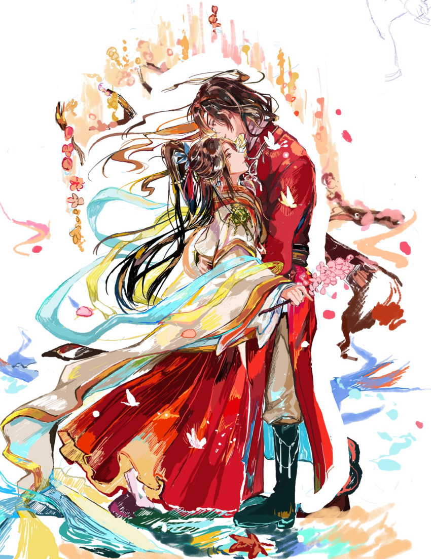 2boys bangs black_hair chinese_clothes couple dress eyepatch face-to-face flower from_side full_body hagoromo hair_ornament high_ponytail highres holding holding_flower hozuhakusai hua_cheng long_hair long_sleeves male_focus multiple_boys profile red_dress shawl tian_guan_ci_fu very_long_hair xie_lian