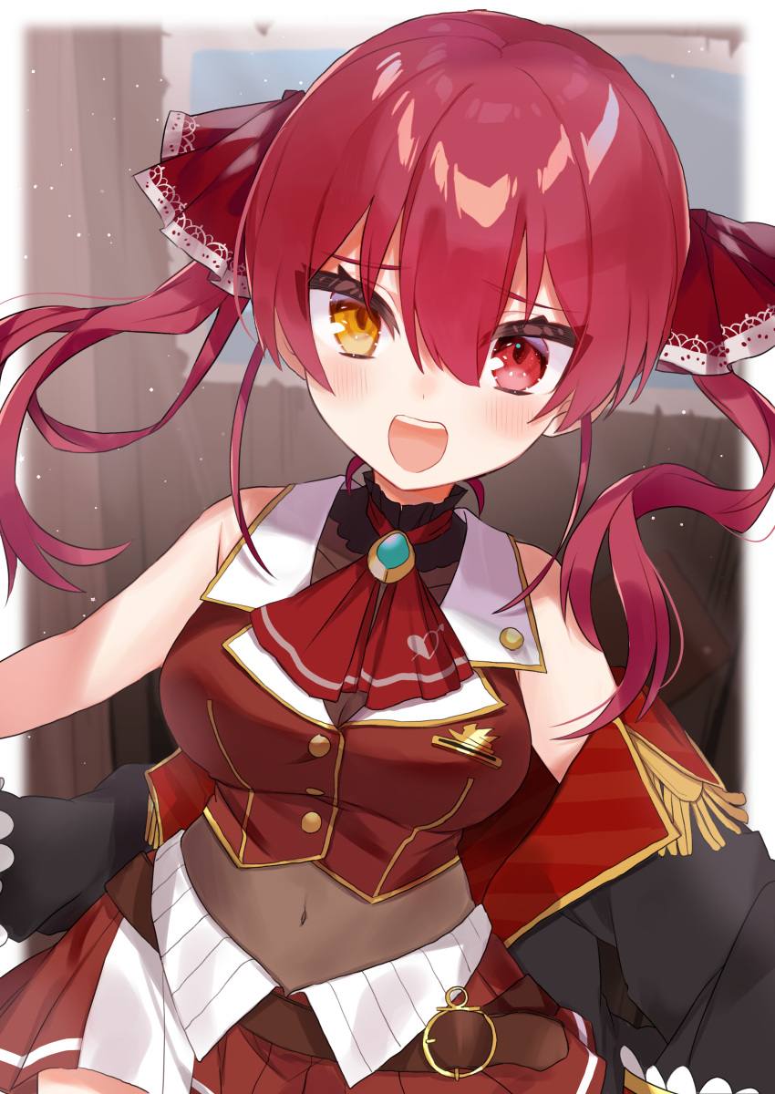 1girl :d absurdres ascot bare_shoulders black_coat blush bodystocking breasts brooch coat heterochromia highres hololive houshou_marine jewelry large_breasts looking_at_viewer navel noi_mine off_shoulder pleated_skirt red_ascot red_eyes red_skirt red_vest redhead skirt smile solo teeth twintails upper_teeth vest yellow_eyes
