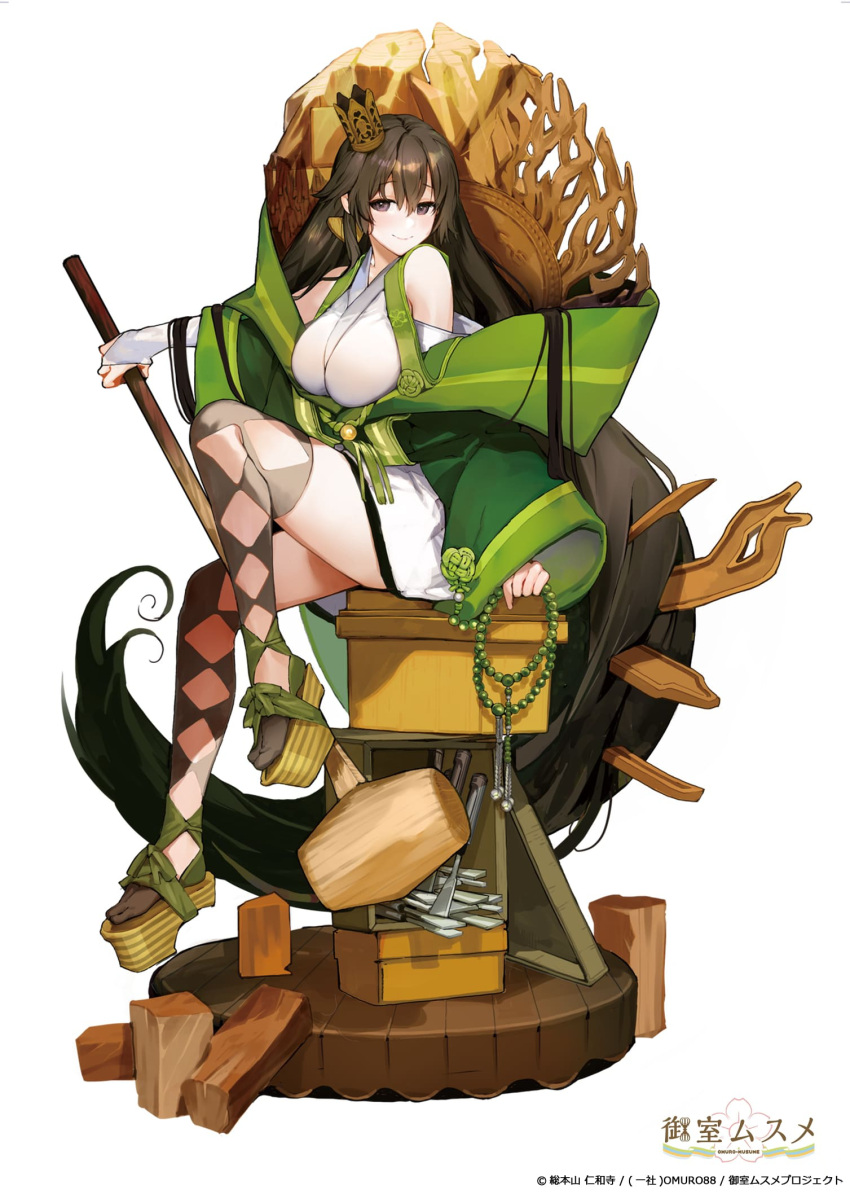 1girl absurdly_long_hair bare_shoulders breasts brown_hair closed_mouth crown green_jacket highres holding holding_mallet jacket large_breasts long_hair looking_at_viewer mallet mini_crown omuro_musume platform_footwear rosary sandals simple_background sitting smile solo souji_hougu very_long_hair white_background
