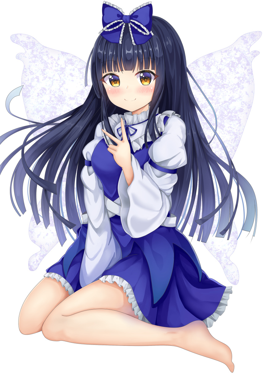 1girl absurdres bangs barefoot between_legs black_hair blue_bow blue_dress blunt_bangs blush bow breasts brown_eyes closed_mouth commentary_request dress eyebrows_visible_through_hair fairy_wings floating_hair frilled_bow frills full_body hair_bow hand_between_legs hand_up highres juliet_sleeves long_hair long_sleeves looking_at_viewer medium_breasts petticoat puffy_sleeves simple_background sitting smile solo star_sapphire suigetsu_(watermoon-910) touhou v very_long_hair wariza white_background wide_sleeves wings