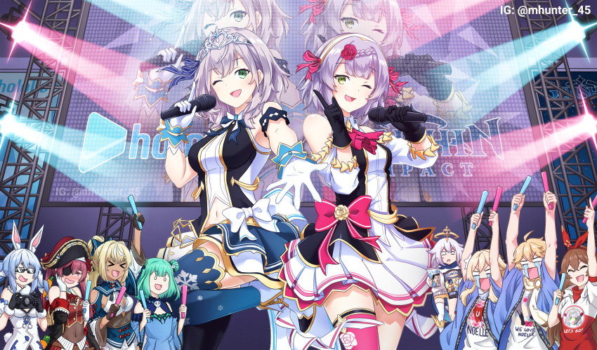 1boy 6+girls aether_(genshin_impact) amber_(genshin_impact) animal_ears bicorne blonde_hair blue_hair crossover eyepatch genshin_impact gloves glowstick hat highres hololive hololive_idol_uniform houshou_marine idol idol_clothes instagram_username lumine_(genshin_impact) mhunter_45 multiple_girls namesake noelle_(genshin_impact) paimon_(genshin_impact) pirate ponytail rabbit_ears rabbit_girl redhead shiranui_flare shirogane_noel shirt stage stage_lights t-shirt trait_connection uruha_rushia usada_pekora virtual_youtuber yagoo