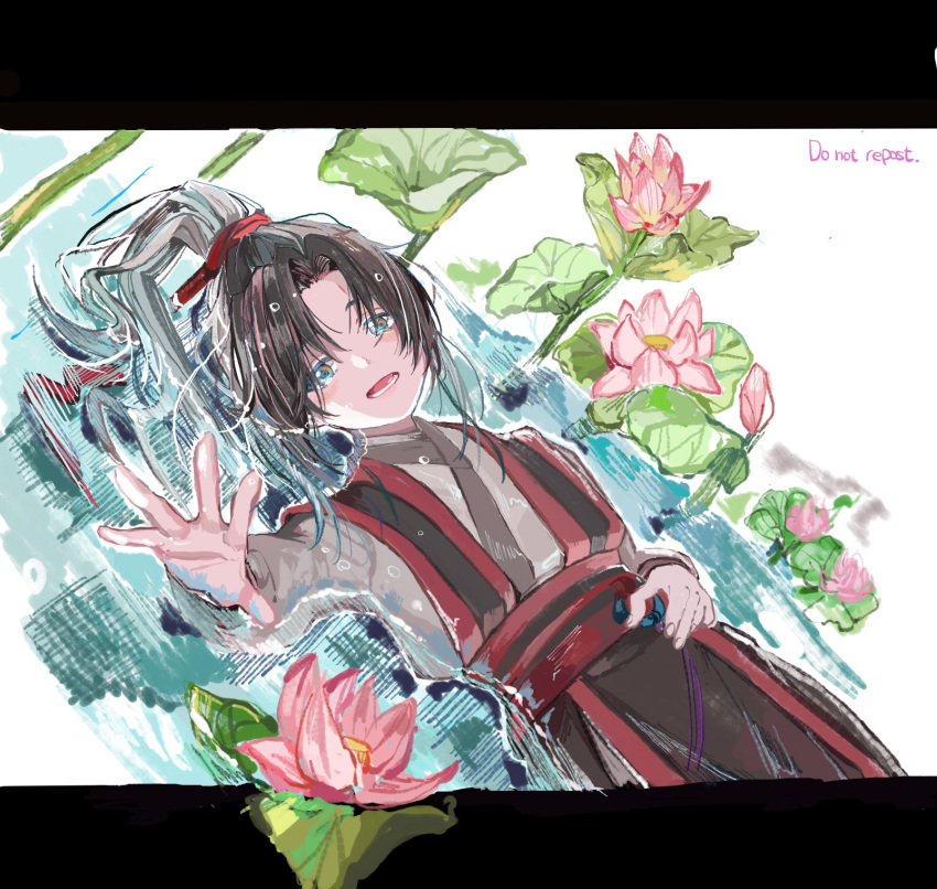 1boy bangs black_hair child chinese_clothes flower hair_ribbon highres hozuhakusai liquid long_hair long_sleeves looking_at_viewer lotus lying_on_water male_focus mo_dao_zu_shi open_mouth outstretched_hand parted_bangs ponytail red_ribbon ribbon solo very_long_hair wei_wuxian wide_sleeves