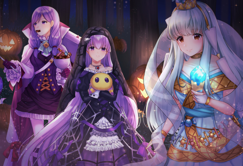 3girls absurdres bangs blue_dress blue_hair bug candy cape collarbone commission dress eating eyebrows_visible_through_hair fire_emblem fire_emblem:_path_of_radiance fire_emblem:_the_binding_blade fire_emblem:_the_blazing_blade fire_emblem_heroes food frilled_dress frills gloves hair_ornament halloween halloween_costume highres holding ilyana_(fire_emblem) jack-o'-lantern jewelry lolita_fashion long_hair long_sleeves looking_at_viewer multiple_girls necklace nei_(aduma1120ponpon) night ninian_(fire_emblem) official_alternate_costume pantyhose pumpkin purple_hair red_eyes ribbon skeb_commission smile sophia_(fire_emblem) spider stuffed_animal stuffed_toy tied_hair tree veil very_long_hair violet_eyes wrist_cuffs
