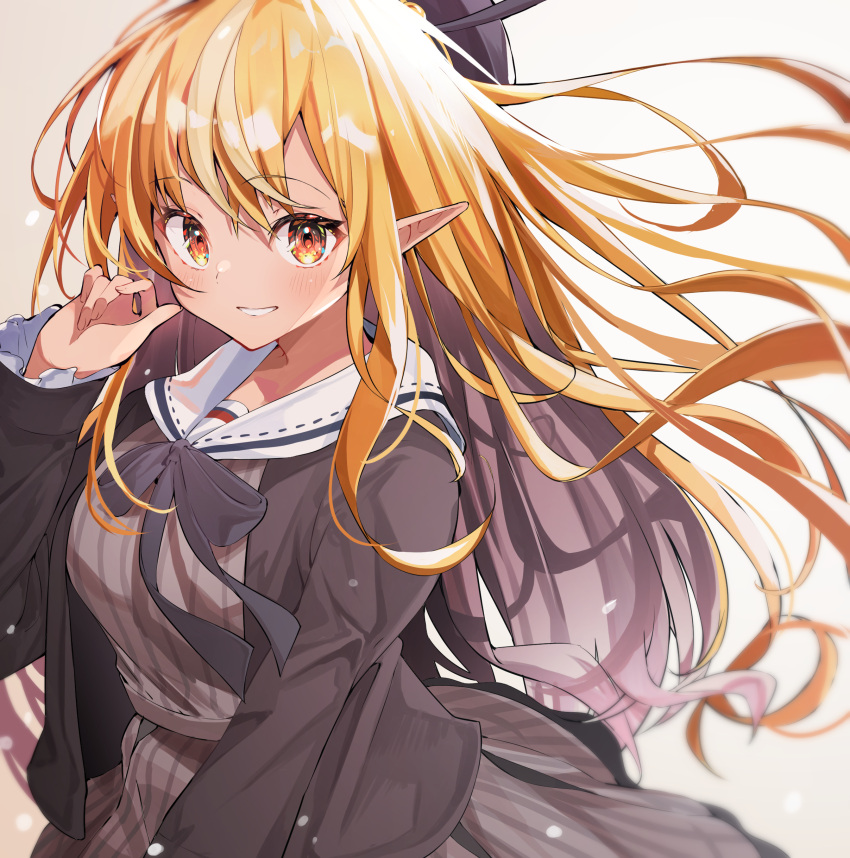 1girl absurdres bangs black_bow black_bowtie blonde_hair blush bow bowtie brown_hair brown_jacket colored_inner_hair commentary_request dress elf eyebrows_visible_through_hair floating_hair furuki_ayaginutaira hand_up highres hololive jacket long_hair long_sleeves looking_at_viewer multicolored_hair open_clothes open_jacket orange_hair panties pointy_ears red_eyes sailor_collar shiranui_flare simple_background smile solo streaked_hair striped striped_dress underwear upper_body vertical-striped_dress vertical_stripes virtual_youtuber white_background white_sailor_collar