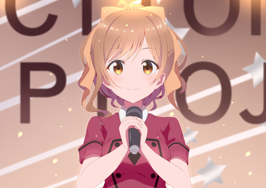 1girl background_text bangs blush bow breasts brown_eyes brown_hair closed_mouth collared_shirt commentary_request copyright_request derivative_work eyebrows_visible_through_hair hair_bow hands_up holding holding_microphone medium_breasts microphone ponytail red_shirt shirt short_sleeves smile solo swept_bangs upper_body yellow_bow yutsuki_warabi