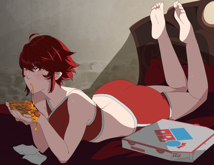 1girl ass bare_legs barefoot breasts eating fire_emblem fire_emblem_fates food highres hinoka_(fire_emblem) looking_at_viewer lying medium_breasts on_bed on_stomach orange_eyes pizza pizza_box pizza_slice r3dfive redhead short_hair shorts tank_top