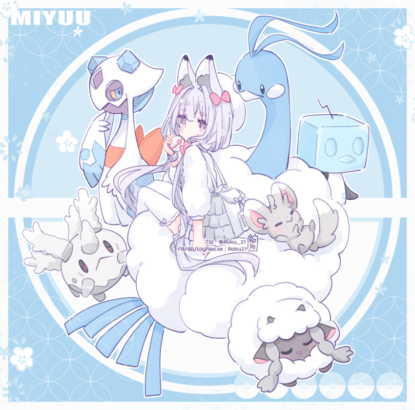 1girl altaria animal_ear_fluff animal_ears asa_no_ha_(pattern) backpack bag bangs beret bird blue_background blush bow clouds coral corsola deviantart_username eiscue english_commentary facebook_username flower fox_ears froslass galarian_corsola ghost grey_hair hair_bow hat highres holding holding_poke_ball ice ice_cube long_hair long_sleeves looking_at_viewer low_twintails minccino miyuu_(roku21) original penguin pink_bow pink_eyes poke_ball poke_ball_print pokemon pokemon_(creature) premier_ball puffy_long_sleeves puffy_sleeves roku21 sheep shirt sitting sitting_on_cloud skirt solo toyhouse_username twintails twitter_username very_long_hair white_bag white_headwear white_legwear white_shirt white_skirt wooloo