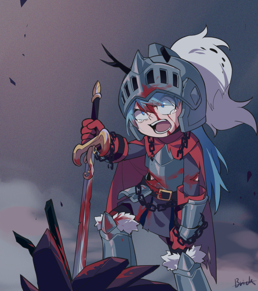 1girl alternate_costume alternate_universe angry armor belt black_legwear blood blood_on_face blue_eyes blue_hair boots bzzt_gcxll cape chain clenched_hands clouds cloudy_sky gloves helmet highres hilda_(hilda) hilda_(series) holding holding_weapon knight long_hair open_mouth red_gloves shouting signature skirt sky solo sword tears torn_clothes weapon