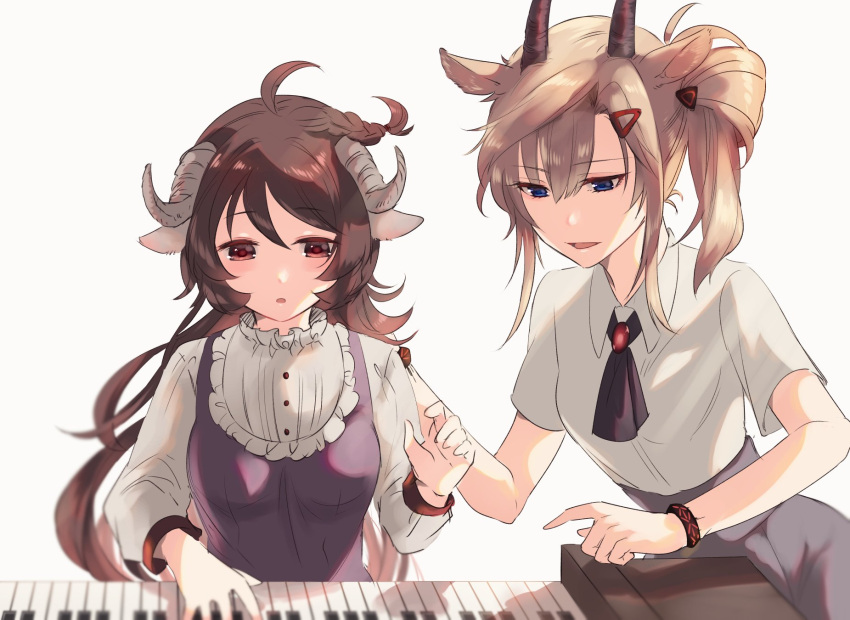 2girls animal_ears arknights ascot bangs blue_eyes blush brown_eyes brown_hair curled_horns earthspirit_(arknights) elite_ii_(arknights) eyjafjalla_(arknights) goat_ears goat_girl goat_horns hand_on_another's_shoulder highres horns infection_monitor_(arknights) instrument long_hair long_sleeves multiple_girls naoi_retsu parted_lips piano sheep_ears sheep_girl sheep_horns short_sleeves side_ponytail simple_background white_background