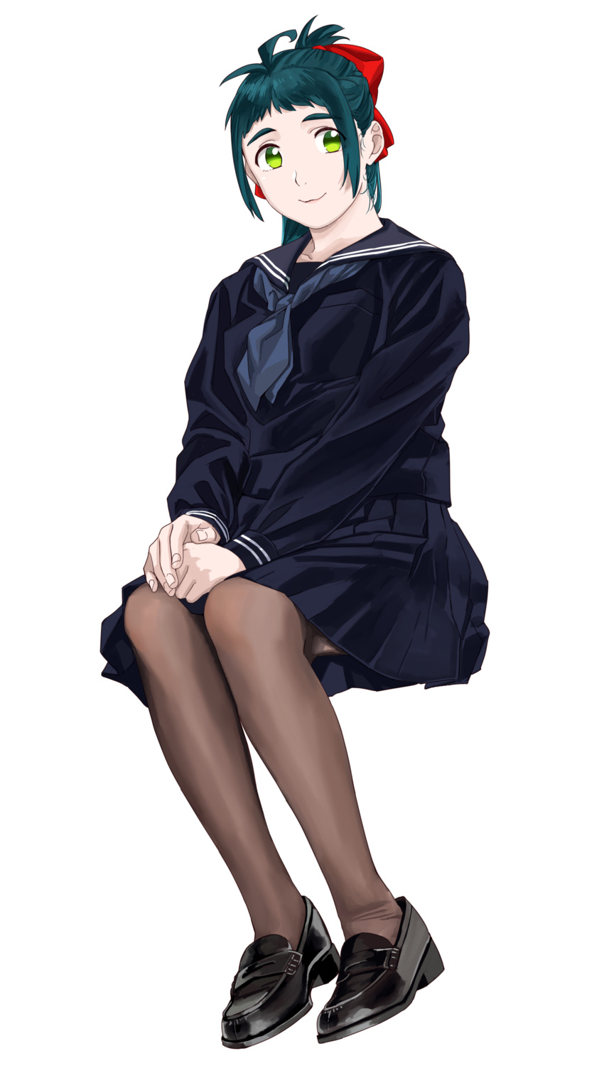 1girl absurdres alternate_costume black_footwear black_hair black_serafuku brown_legwear full_body green_eyes hair_ribbon highres irako_(kancolle) kantai_collection loafers long_sleeves looking_at_viewer ojipon pantyhose pleated_skirt ponytail ribbon school_uniform serafuku shoes simple_background sitting skirt smile solo white_background