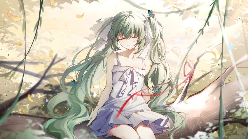 1girl absurdres bare_arms blue_butterfly bow branch bug butterfly closed_eyes closed_mouth cowboy_shot dress facing_viewer feet_out_of_frame floating_hair green_hair hatsune_miku highres light_smile log long_hair nature outdoors petals red_ribbon ribbon shiro_kanae short_dress sitting sleeveless sleeveless_dress smile solo sundress very_long_hair vocaloid white_dress