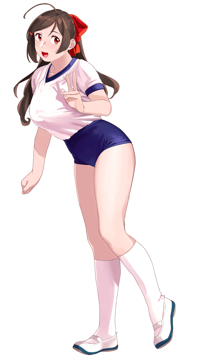 1girl absurdres ahoge alternate_costume blue_buruma braid brown_hair buruma commentary_request full_body gym_uniform hair_ribbon highres kantai_collection long_hair looking_at_viewer mamiya_(kancolle) ojipon red_eyes ribbon shirt shoes short_sleeves simple_background smile solo v white_background white_footwear white_legwear white_shirt