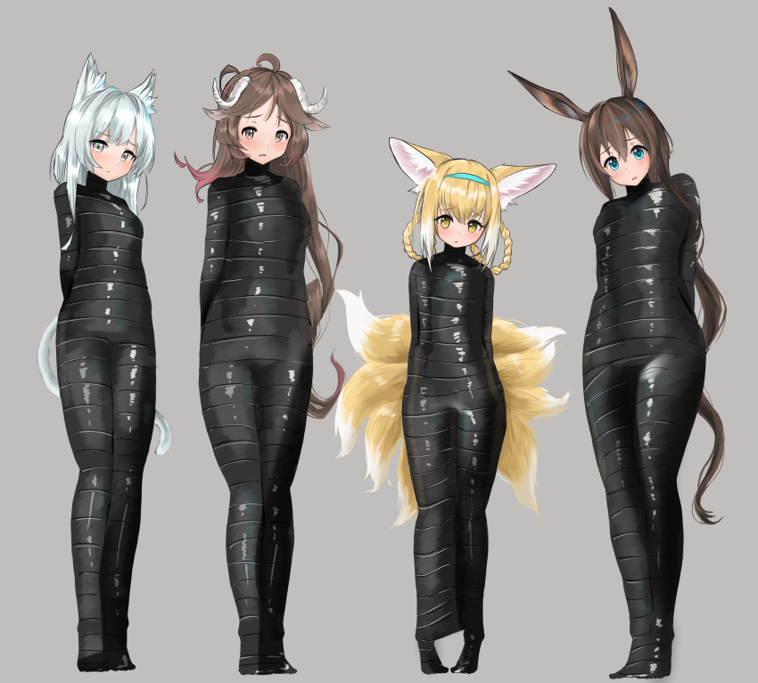 4girls absurdres ahoge amiya_(arknights) animal_ear_fluff animal_ears arknights bangs blonde_hair blue_eyes blue_hairband bound braid breasts cat_ears cat_tail commentary_request eyebrows_visible_through_hair eyjafjalla_(arknights) fox_ears fox_tail full_body grey_background grey_eyes hair_rings hairband highres horns long_hair looking_at_viewer medium_breasts multiple_girls multiple_tails mummification parted_lips rabbit_ears rosmontis_(arknights) seirein_(htyn2888) sheep_ears sheep_horns silver_hair simple_background standing suzuran_(arknights) tail very_long_hair yellow_eyes