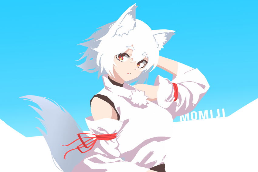 1641_(chfhrtor94) 1girl animal_ears bangs blue_background character_name closed_mouth detached_sleeves hand_in_hair inubashiri_momiji looking_at_viewer pom_pom_(clothes) red_eyes short_eyebrows short_hair simple_background solo tail touhou upper_body white_hair wide_sleeves wolf_ears wolf_tail