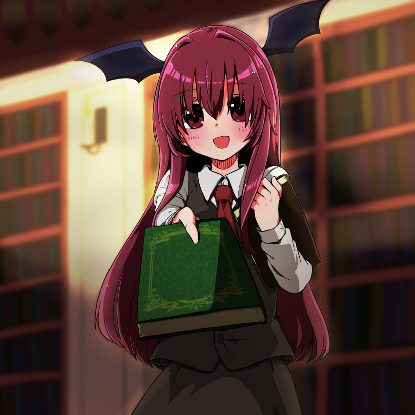 1girl :d absurdres bat_wings black_skirt black_vest blurry blurry_background blush book bookshelf collared_shirt depth_of_field dress_shirt eyebrows_visible_through_hair foreshortening giving hair_between_eyes halllllllas head_wings highres holding holding_book koakuma long_hair long_sleeves looking_at_viewer necktie outstretched_arm red_eyes red_neckwear redhead shirt sidelocks skirt skirt_set smile solo touhou very_long_hair vest white_shirt wings