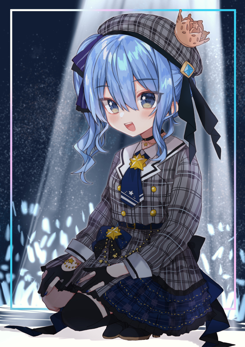 1girl :d absurdres belt black_choker black_legwear blue_belt blue_bow blue_eyes blue_hair blue_nails blue_neckerchief blush bow choker crown dress fingernails gloves hair_bow hat highres hololive hoshimachi_suisei long_sleeves looking_at_viewer mini_crown nail_polish neckerchief noi_mine partially_fingerless_gloves plaid plaid_dress plaid_headwear side_ponytail single_thighhigh smile solo squatting stage_lights star_(symbol) star_in_eye symbol_in_eye thigh-highs