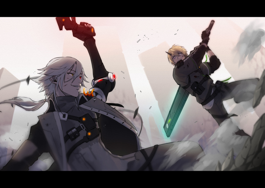 2boys bangs black_jacket blonde_hair building character_request fighting glowing glowing_eye grey_pants grey_vest grin gun hair_between_eyes handgun heterochromia holding holding_gun holding_sword holding_weapon horns jacket looking_at_another male_focus mechanical_arms multiple_boys open_mouth outdoors pants pistol punishing:_gray_raven red_eyes sachiko_y short_hair short_sleeves single_horn single_mechanical_arm sleeves_past_elbows smile sword teeth vest weapon white_eyes white_hair yellow_eyes