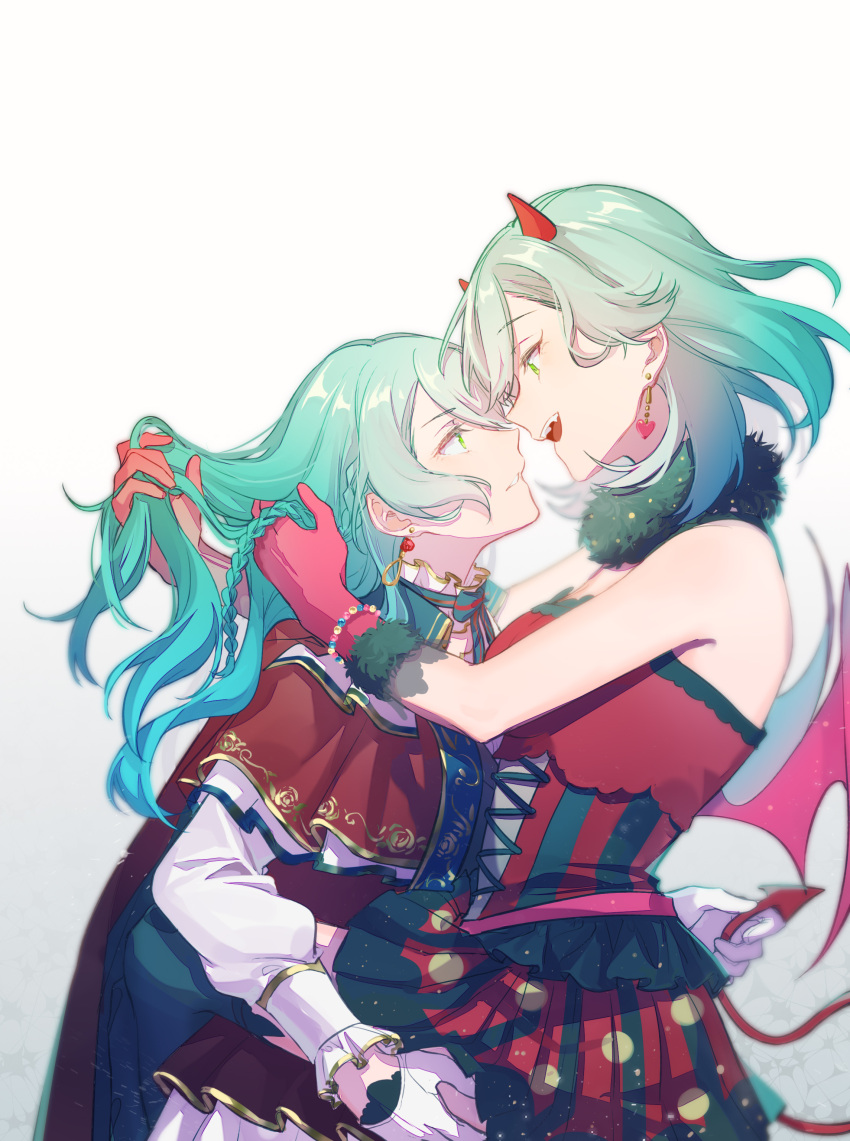 2girls absurdres aqua_hair bang_dream! braid couple demon_horns demon_tail demon_wings dress face-to-face gloves green_eyes hand_in_another's_hair highres hikawa_hina hikawa_sayo holding_tail horns hug incest long_hair looking_at_another multiple_girls red_dress red_gloves short_hair siblings sisters tail twins walluku wings yuri