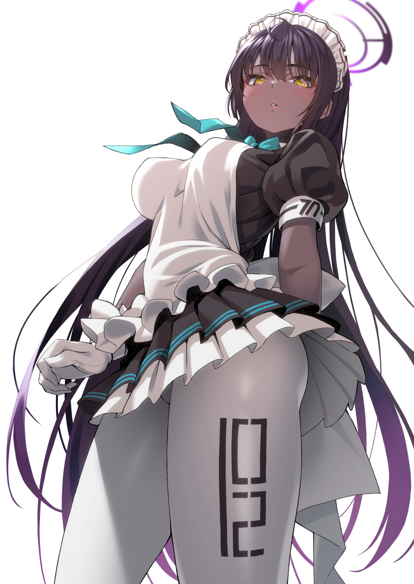 1girl absurdres apron bangs black_dress black_hair blue_archive blue_neckwear blush breasts dark-skinned_female dark_skin dress gloves halo highres karin_(blue_archive) large_breasts layered_skirt long_hair looking_at_viewer maid maid_headdress neck_ribbon pantyhose parted_lips puffy_short_sleeves puffy_sleeves revision ribbon saruchitan short_sleeves skirt thighs white_apron white_gloves white_legwear white_skirt yellow_eyes