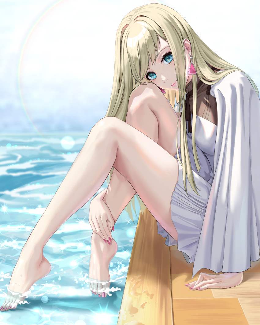 1girl absurdres bangs barefoot blonde_hair blue_eyes breasts capelet dress earrings eyebrows_behind_hair gigi_andalusia gundam gundam_hathaway's_flash hair_behind_ear head_tilt highres jewelry long_hair nail_polish pink_nails sitting small_breasts soaking_feet solo tooku0 triangle_earrings water white_capelet white_dress