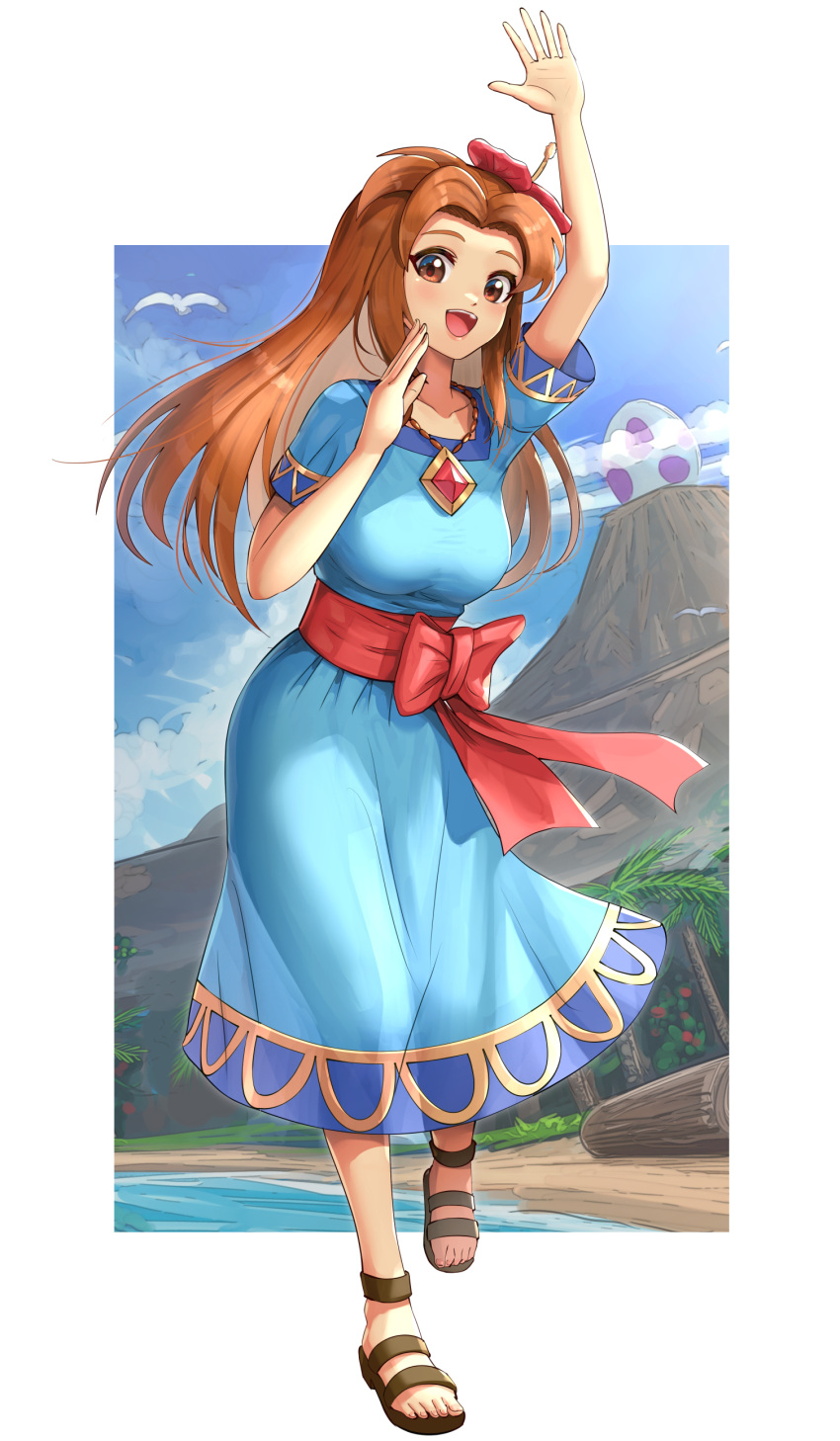 1girl absurdres beach blue_dress breasts brown_eyes dress egg gonzarez highres jewelry large_breasts long_hair marin_(the_legend_of_zelda) mountain necklace open_mouth orange_hair sandals solo the_legend_of_zelda the_legend_of_zelda:_link's_awakening