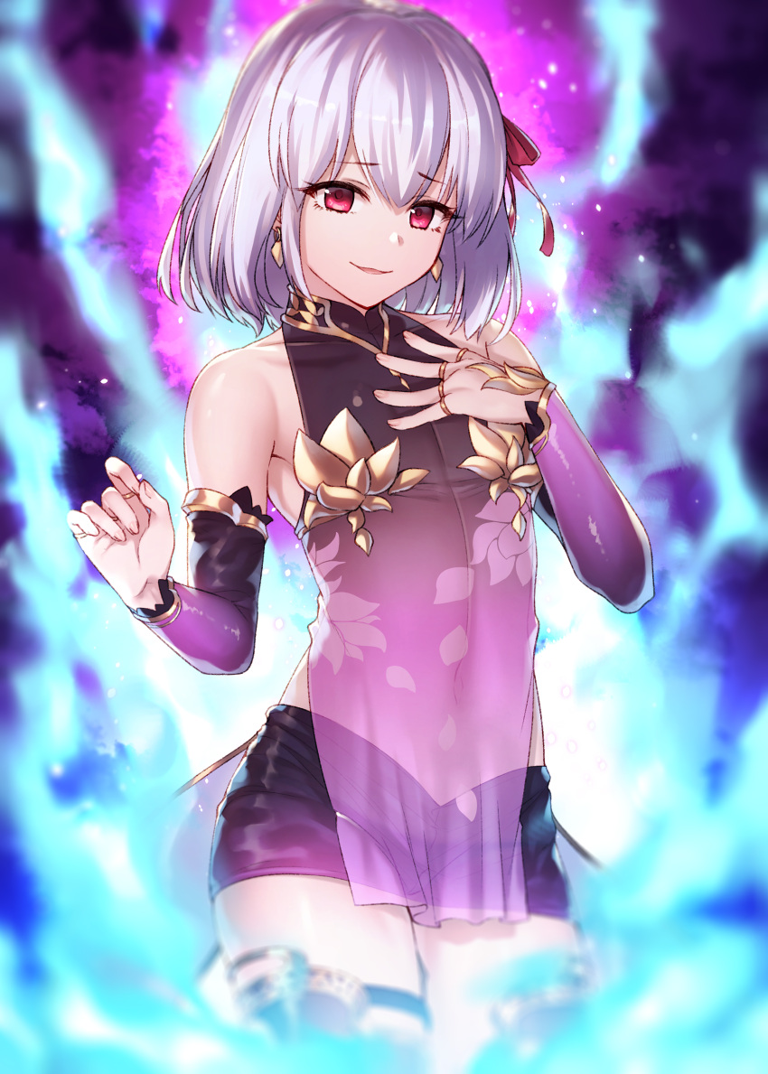 1girl absurdres bare_shoulders blue_background detached_sleeves earrings fate/grand_order fate_(series) fingernails flat_chest gradient gradient_background hair_ribbon hand_on_own_chest highres ibuki_notsu jewelry kama_(fate) looking_at_viewer medium_hair parted_lips red_eyes red_ribbon ribbon solo upper_body white_hair