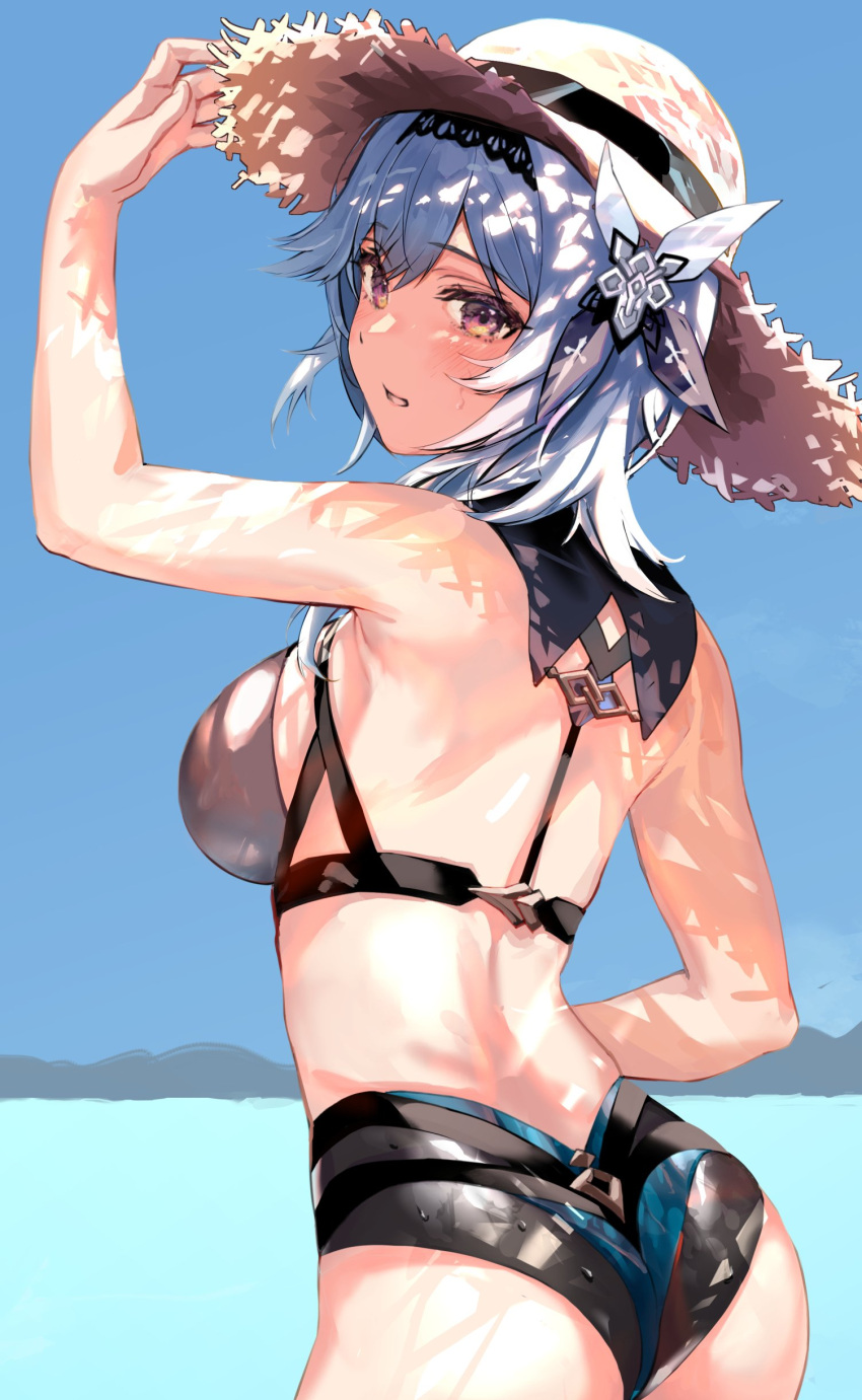 1girl absurdres armpit_crease armpit_peek ass back bangs bare_shoulders bikini black_bikini black_hairband blue_hair blush breasts eula_(genshin_impact) genshin_impact hair_ornament hairband hat highres large_breasts looking_at_viewer looking_back medium_hair sidelocks solo straw_hat swimsuit temir violet_eyes