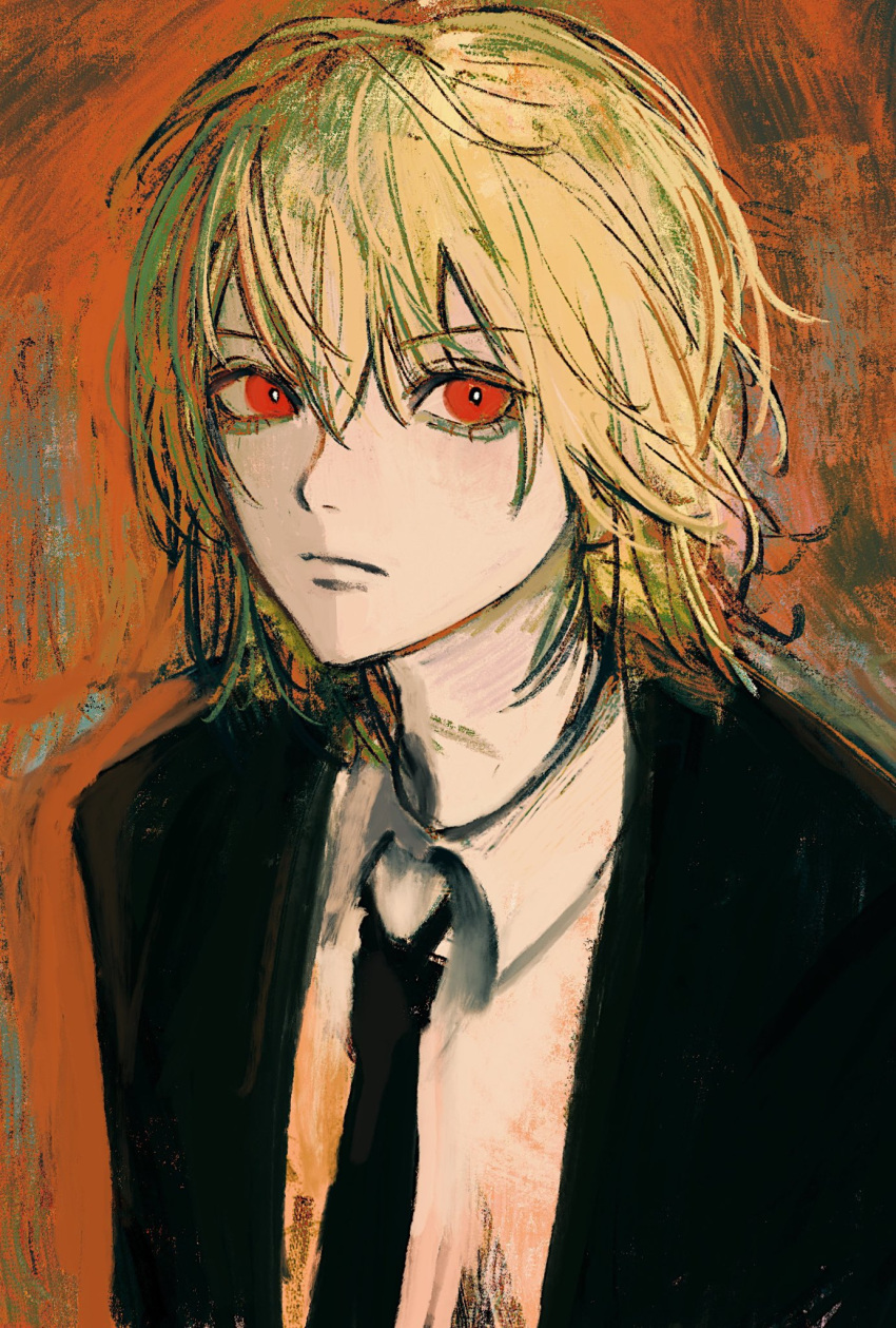1boy black_neckwear black_suit blonde_hair bright_pupils closed_mouth formal frown hair_between_eyes highres hunter_x_hunter kurapika male_focus necktie noroma02 painterly red_eyes sketch solo suit upper_body white_pupils