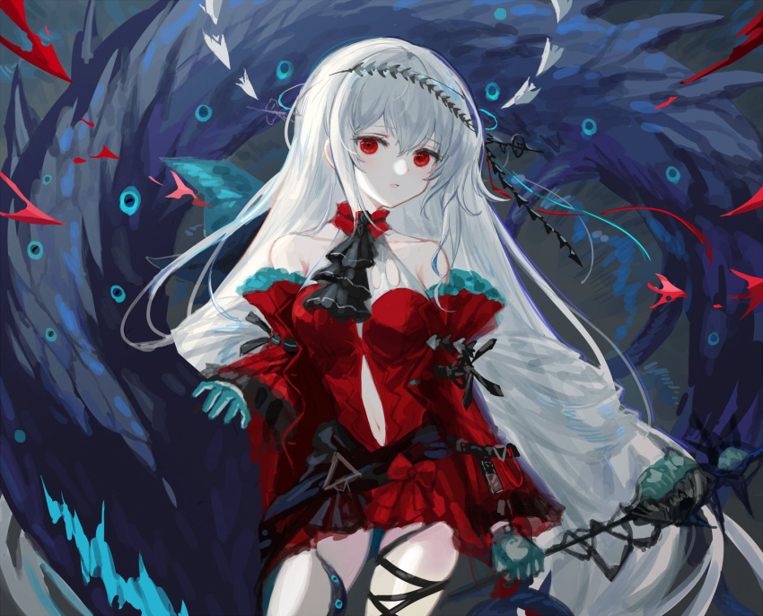 1girl arknights ascot bangs bare_shoulders black_ascot breasts clothing_cutout cowboy_shot dress hair_between_eyes highres holding holding_staff long_hair long_sleeves medium_breasts navel navel_cutout no_hat no_headwear official_alternate_costume red_dress red_eyes short_dress silver_hair skadi_(arknights) skadi_the_corrupting_heart_(arknights) smile solo spacelongcat staff thighs very_long_hair