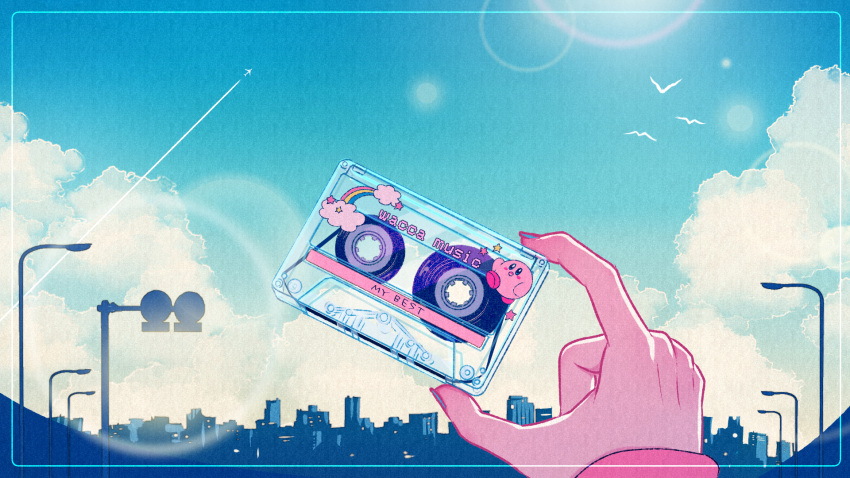 blue_sky building cassette_tape city cityscape condensation_trail cumulonimbus_cloud hands highres holding kirby kirby's_dream_land kirby_(series) outdoors sky wacca005